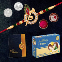 Krishna Flute Rakhi Combo Gift Set With Choco Butterscotch Coin Roli-chawal Greeting Card