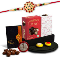Designer Rakhi With Choco Magic Gift Box And Raksha Bandhan Pooja Thali Set