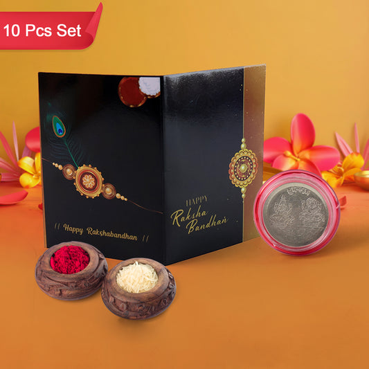 Raksha Bandhan Gift Set Roli Chawal With Greeting Card  Silver-coated Coin