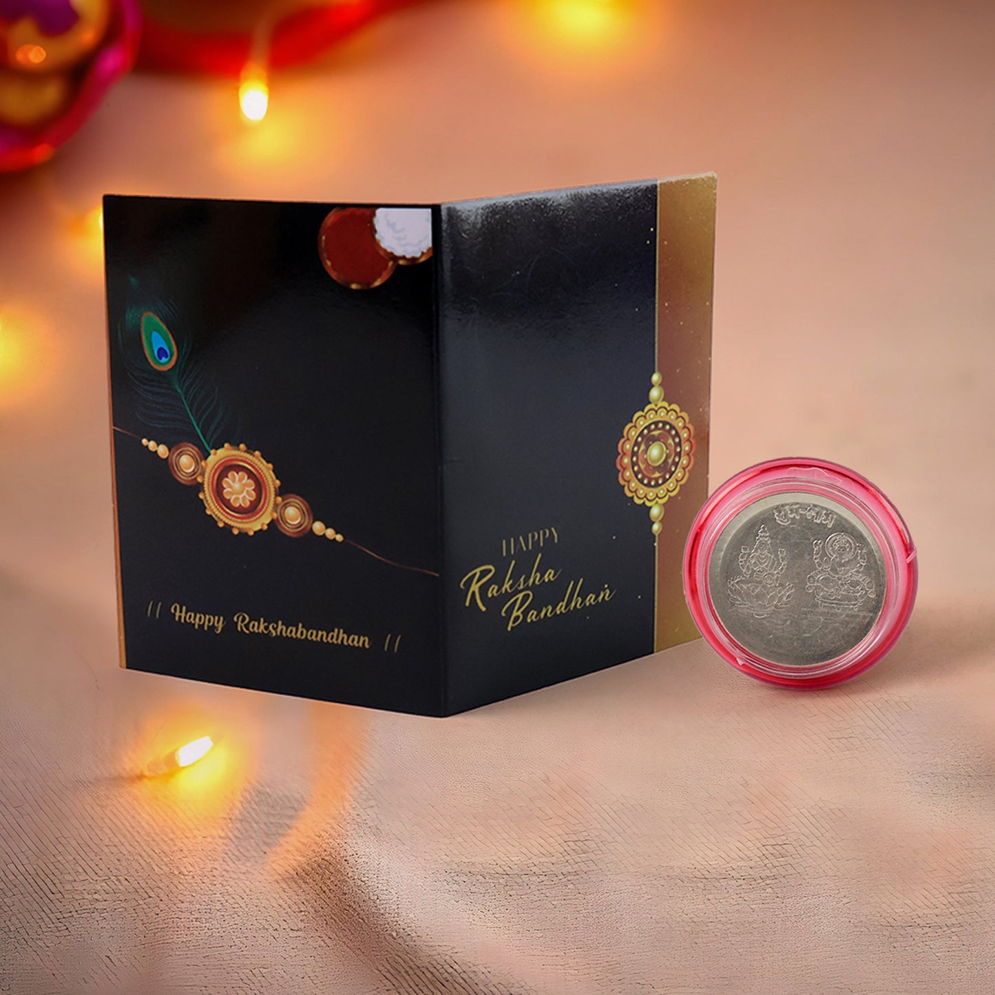Raksha Bandhan Gift Set Roli Chawal With Greeting Card  Silver-coated Coin