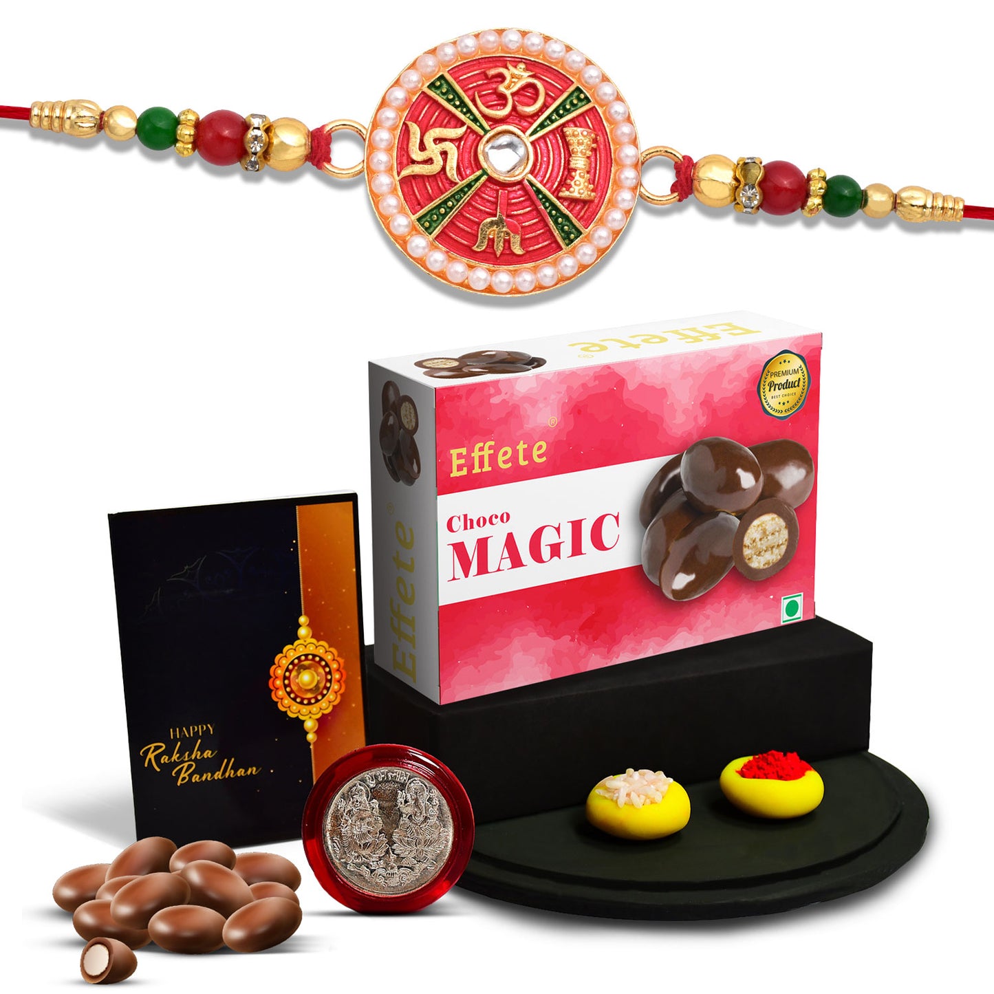 Premium Rakhi Gift Hamper With Choco Magic Greeting Card Silver Coin  Roli-chawal