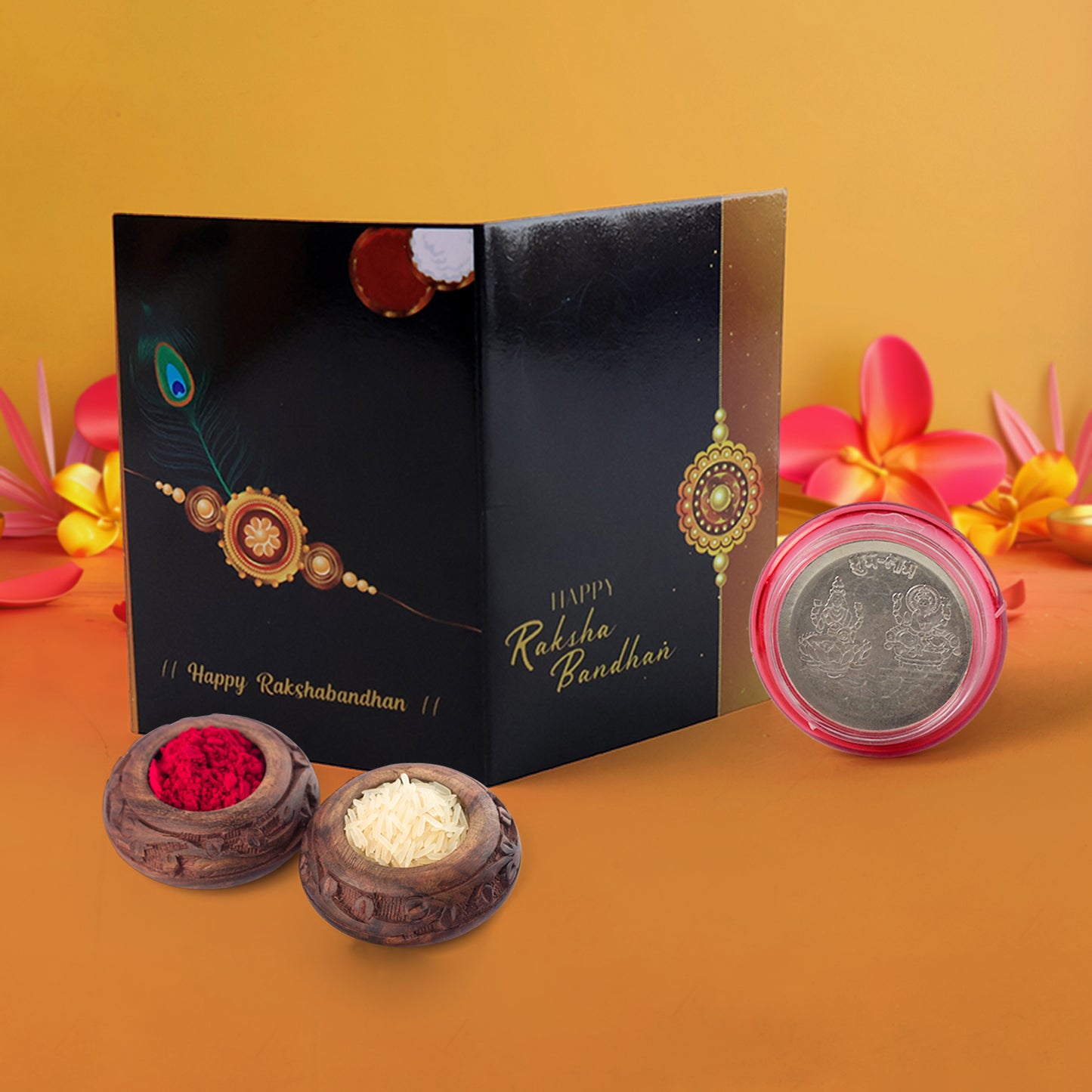 Raksha Bandhan Gift Set Roli Chawal With Greeting Card  Silver-coated Coin