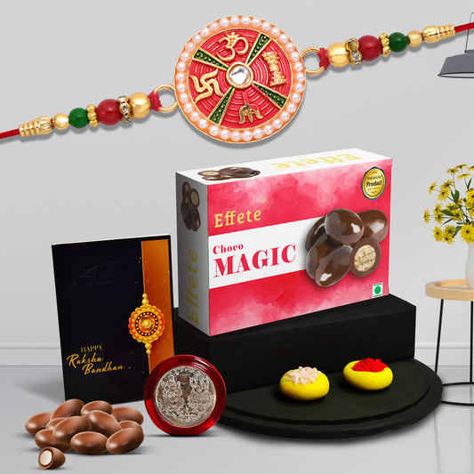 Premium Rakhi Gift Hamper With Choco Magic Greeting Card Silver Coin  Roli-chawal